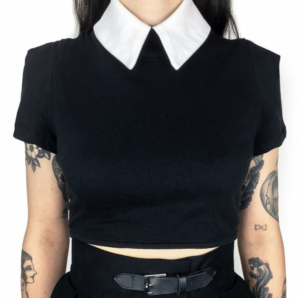 Deandri Crop Top Blouse White Collar Black L